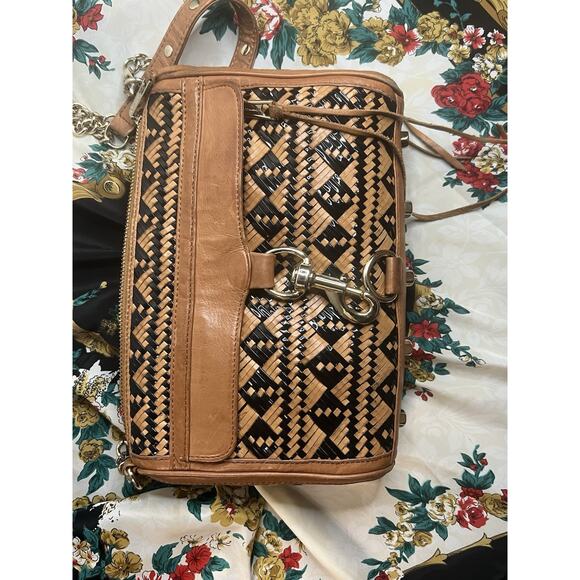 Rebecca Minkoff MAC Woven Leather Crossbody Tan Black Chain Strap Shoulder Bag - Picture 2 of 6